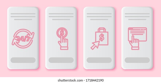 Set line Clock 24 hours, Hand holding coin, Shoping bag and dollar and Online shopping on screen. White rectangle button. Vector