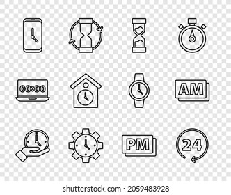 Set line Clock, 24 hours, Old hourglass, Time Management, Alarm clock app mobile, Retro wall watch, PM and AM icon. Vector