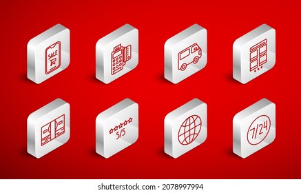 Fijar la línea Reloj 24 horas, Vehículo de carga de entrega, Compras en línea en móviles, en todo el mundo, Teléfono móvil y carro, Calificación de productos para clientes consumidores y Icono de caja de papel Stacks. Vector