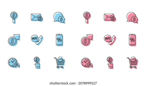 Set line Clock 24 hours, Hand holding coin, Magnifying glass dollar, Remove shopping cart, Phone speech bubble with Buy, Percent discount mobile, Financial growth and Envelope icon. Vector