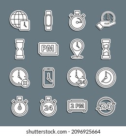 Die Linie Uhren 24 Stunden, Altes Stundenglas, Stoppuhr, PM, Weltzeit und Ort mit Uhrsymbol. Vektorgrafik