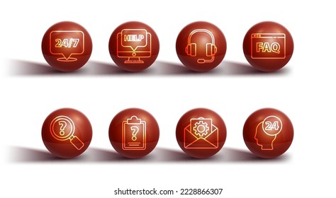 Set line Clock 24 hours, Unknown search, Browser FAQ, Envelope setting, Clipboard with question marks, Computer monitor and help, Support operator touch and Headphones icon. Vector