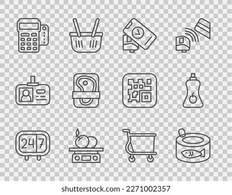 Set line Clock 24 hours, Canned fish, POS terminal, Electronic scales for product, with credit card, Meat packaging steak, Shopping cart and Sauce bottle icon. Vector