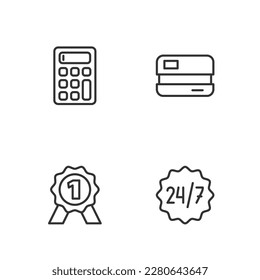 Set line Clock 24 hours, Medal, Calculator and Credit card icon. Vector