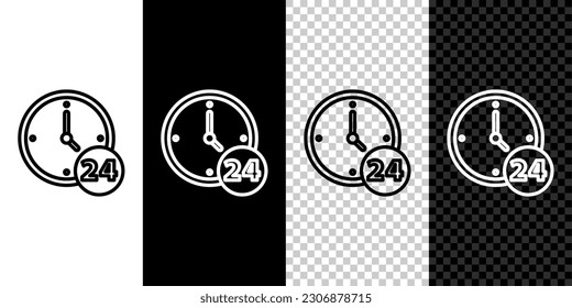 Set line Clock 24 hours icon isolated on black and white background. All day cyclic icon. 24 hours service symbol.  Vector