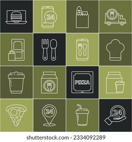 Set line Clock 24 hours, Online ordering and delivery, Chef hat, Shopping bag food, Fork spoon, burger and  icon. Vector