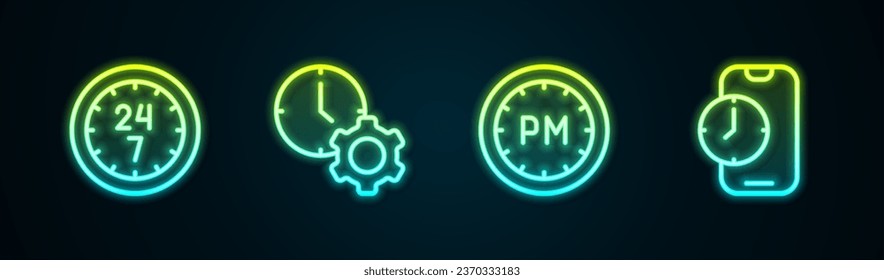 Set line Clock 24 hours, Time management, Day time and Alarm clock app mobile. Glowing neon icon. Vector