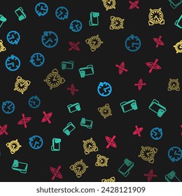 Set line Clock 24 hours, Delete folder, Alarm clock and Kayak and paddle on seamless pattern. Vector