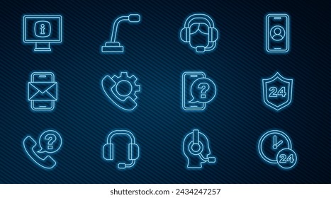 Set line Clock 24 hours, Telephone support, Woman with a headset, Mobile and envelope, Monitor information,  and Microphone icon. Vector