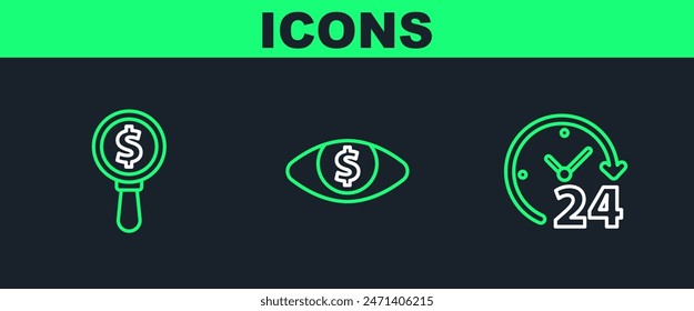Set line Clock 24 hours, Magnifying glass and dollar and Eye with icon. Vector