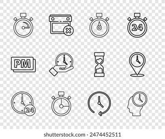 Set line Clock 24 hours, Time Management, Stopwatch,  and Location with clock icon. Vector