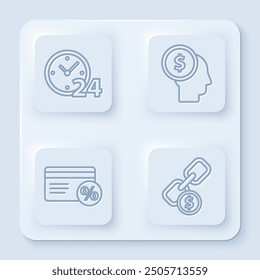 Set line Clock 24 hours, Business man planning mind, Discount card with percent and Chain link and coin. White square button. Vector