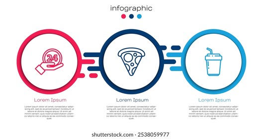 Set line Clock 24 hours, Slice of pizza and Coffee cup to go. Business infographic template. Vector