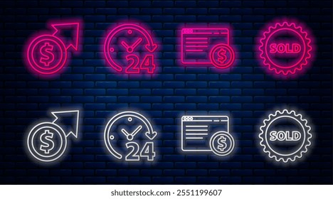 Set line Clock 24 hours, Online shopping on screen, Financial growth and coin and Sold label. Glowing neon icon on brick wall. Vector