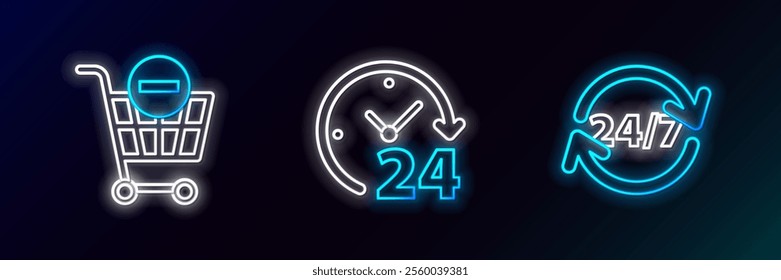 Set line Clock 24 hours, Remove shopping cart and  icon. Glowing neon. Vector