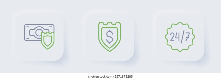 Set line Clock 24 hours, Shield with dollar and Money shield icon. Vector