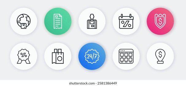 Set line Clock 24 hours, Shield with dollar, Discount percent tag, Online shopping on screen, Seller, Cash location and Paper bag icon. Vector