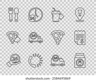 Set line Clock 24 hours, Online ordering and delivery, Coffee cup to go, Food, Fork spoon, Fast by car,  and Paper financial check icon. Vector