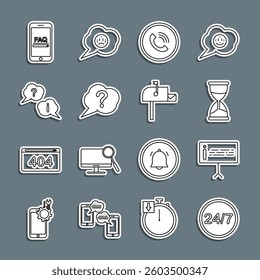Set line Clock 24 hours, Information, Hourglass, Phone call, Speech bubble Question, and Exclamation, Mobile with FAQ information and Open mail box icon. Vector