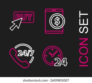 Set line Clock 24 hours, Telephone support, Tablet with dollar and Buy button icon. Vector