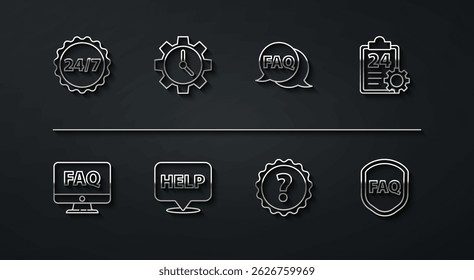 Set line Clock 24 hours, Computer monitor and FAQ, Checklist with service, Question mark, Speech bubble text Help, Time Management, Shield and  icon. Vector