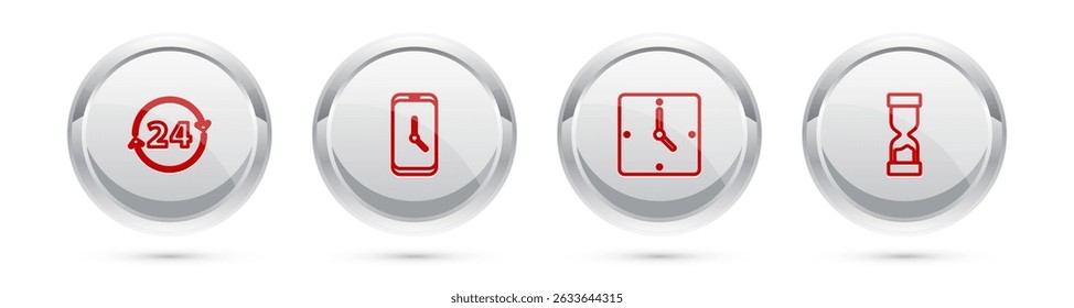 Establecer línea Reloj 24 horas, App de despertador móvil, y reloj de arena viejo. Botón de círculo plateado. Vector
