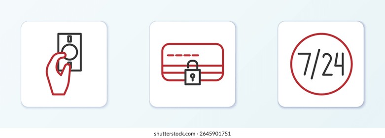 Ajuste a linha Relógio 24 horas, Mão segurando dinheiro e cartão de crédito com ícone. Vetor