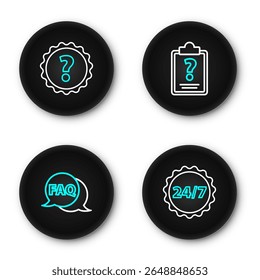 Set line Clock 24 hours, Speech bubble with FAQ, Clipboard question marks and Question icon. Vector