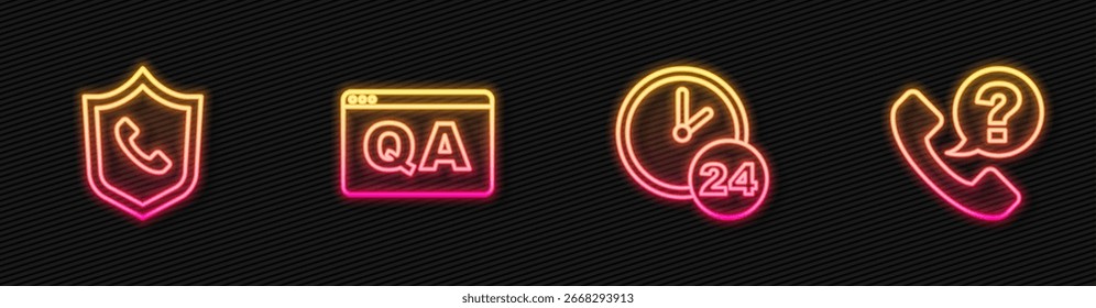 Set line Clock 24 hours, Telephone support, Question and Answer and . Glowing neon icon. Vector