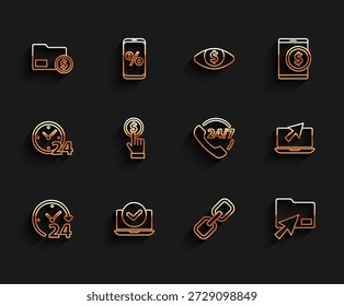 Set line Clock 24 hours, Laptop, Envelope with coin dollar, Chain link, Cursor click document folder, Hand holding, cursor and Telephone support icon. Vector
