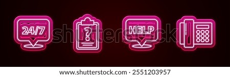 Set line Clock 24 hours, Clipboard with question marks, Speech bubble text Help and Telephone. Glowing neon icon. Vector