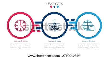 Set line Clock, Add to Shopping basket and Worldwide shipping and box. Business infographic template. Vector