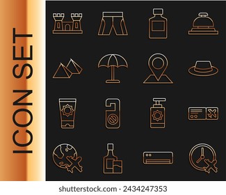 Set line Clock with airplane, Airline ticket, Man hat ribbon, Whiskey bottle, Sun protective umbrella, Egypt pyramids, Sand castle and Location icon. Vector