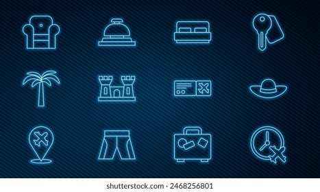 Set line Clock with airplane, Elegant women hat, Hotel room bed, Sand castle, Tropical palm tree, Armchair, Airline ticket and service bell icon. Vector