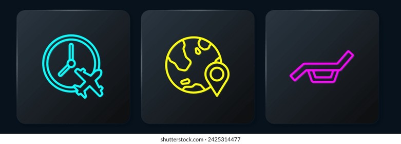 Set line Clock with airplane, Sunbed and umbrella and Location on the globe. Black square button. Vector