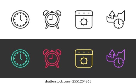 Set line Clock, Alarm clock, Calendar summer and Stocks market growth graphs on black and white. Vector