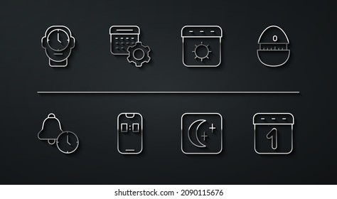 Set line Clock, Alarm clock, Kitchen timer, Moon and stars, app mobile, Calendar settings,  and summer icon. Vector
