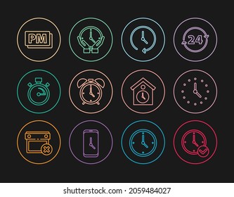 Ajuste el reloj de línea, reloj de alarma, reloj de estopas, PM, pared retro e icono. Vector