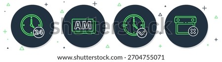 Set line Clock AM, 24 hours and Calendar date delete icon. Vector