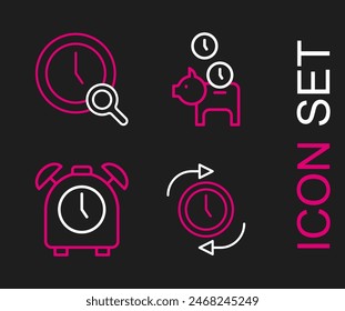 Set line Clock with arrow, Alarm clock, Piggy bank coin and Magnifying glass icon. Vector