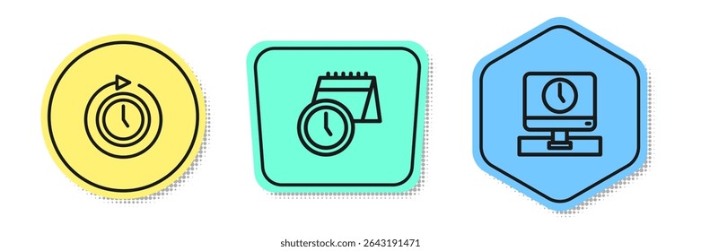 Set line Clock with arrow, Calendar and clock and Monitor time. Colored shapes. Vector