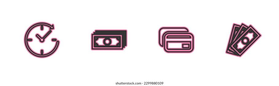 Fijar línea Reloj con flecha, tarjeta de crédito, pila dinero de papel en efectivo e icono. Vector