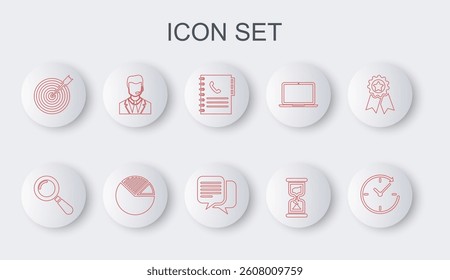Set line Clock with arrow, Magnifying glass, Phone book, Old hourglass, Target, Man headset, Pie chart infographic and Chat icon. Vector