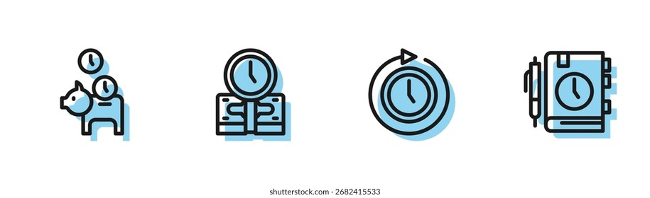 Set line Clock with arrow, Piggy bank coin, Time is money and Daily paper notepad icon. Vector