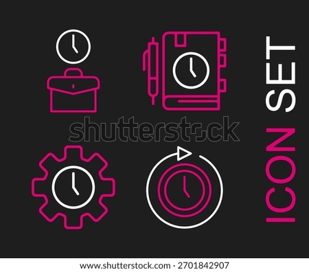 Set line Clock with arrow, Time Management, Daily paper notepad and Work time icon. Vector