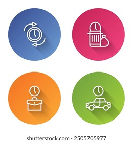 Set line Clock with arrow, Waste of time, Work and Time to travel. Color circle button. Vector