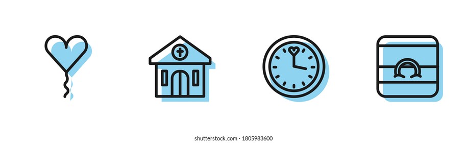 Fijar la línea Reloj, Globo en forma de corazón, Edificio de la Iglesia e icono Anillos de boda. Vector