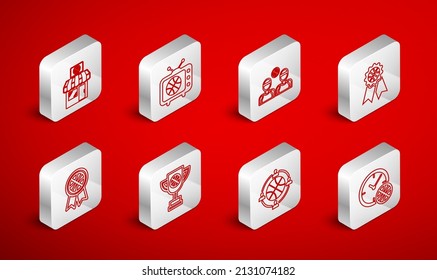 Set line Clock with basketball ball, Basketball match on tv, players, award, Planning strategy, Sports shop and, Award cup and icon. Vector