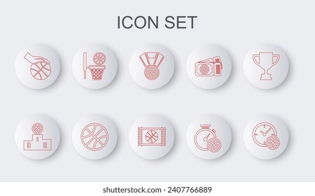 Set line Clock with basketball ball, Sports winner podium, Basketball medal, Stopwatch, Hand,  and game video icon. Vector