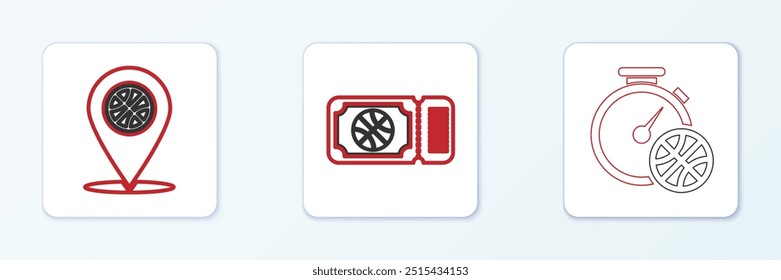 Set line Clock with basketball ball, Thoughts on and Basketball game ticket icon. Vector
